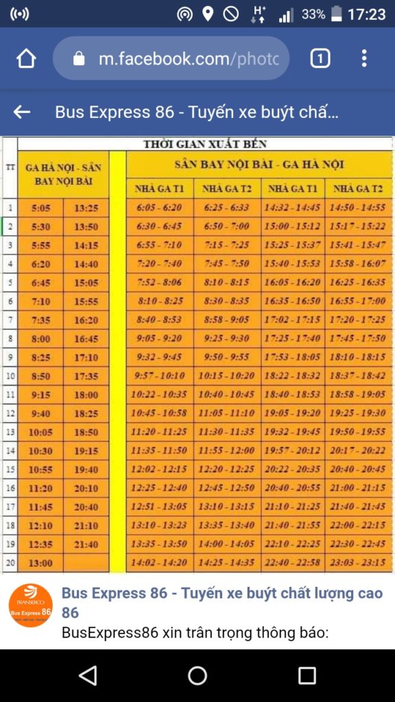 Time table of Bus Express 86 from Hanoi Station to Hanoi Noi Bai Airport